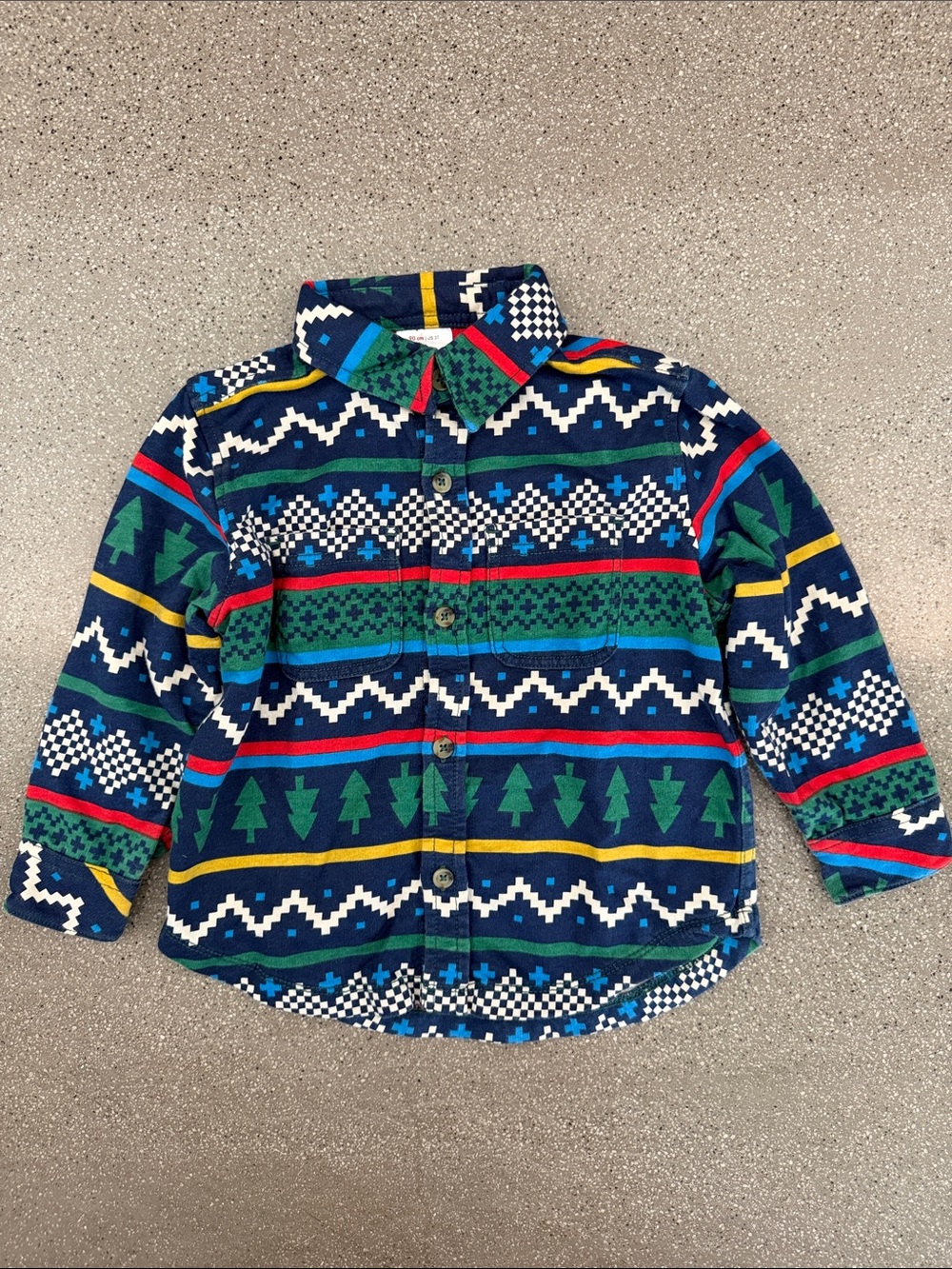 Hanna Andersson Navy Button-Down Shirt with Green Tree & Multicolor Stripes